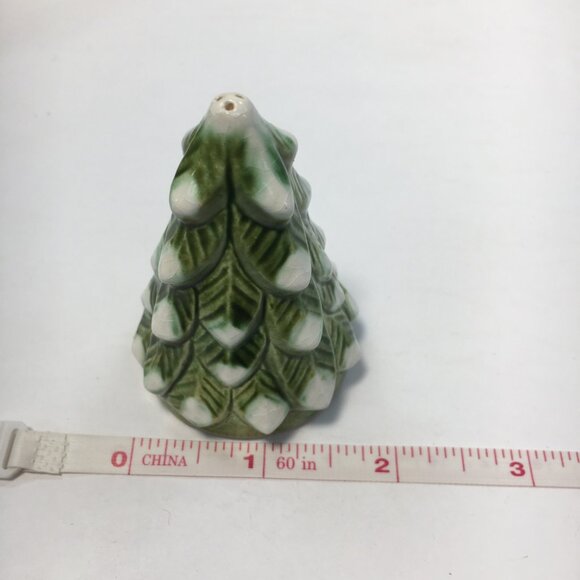 Vintage Christmas Tree Salt Pepper Shaker 2" Ceramic Green White Pinecone Design - Picture 4 of 5